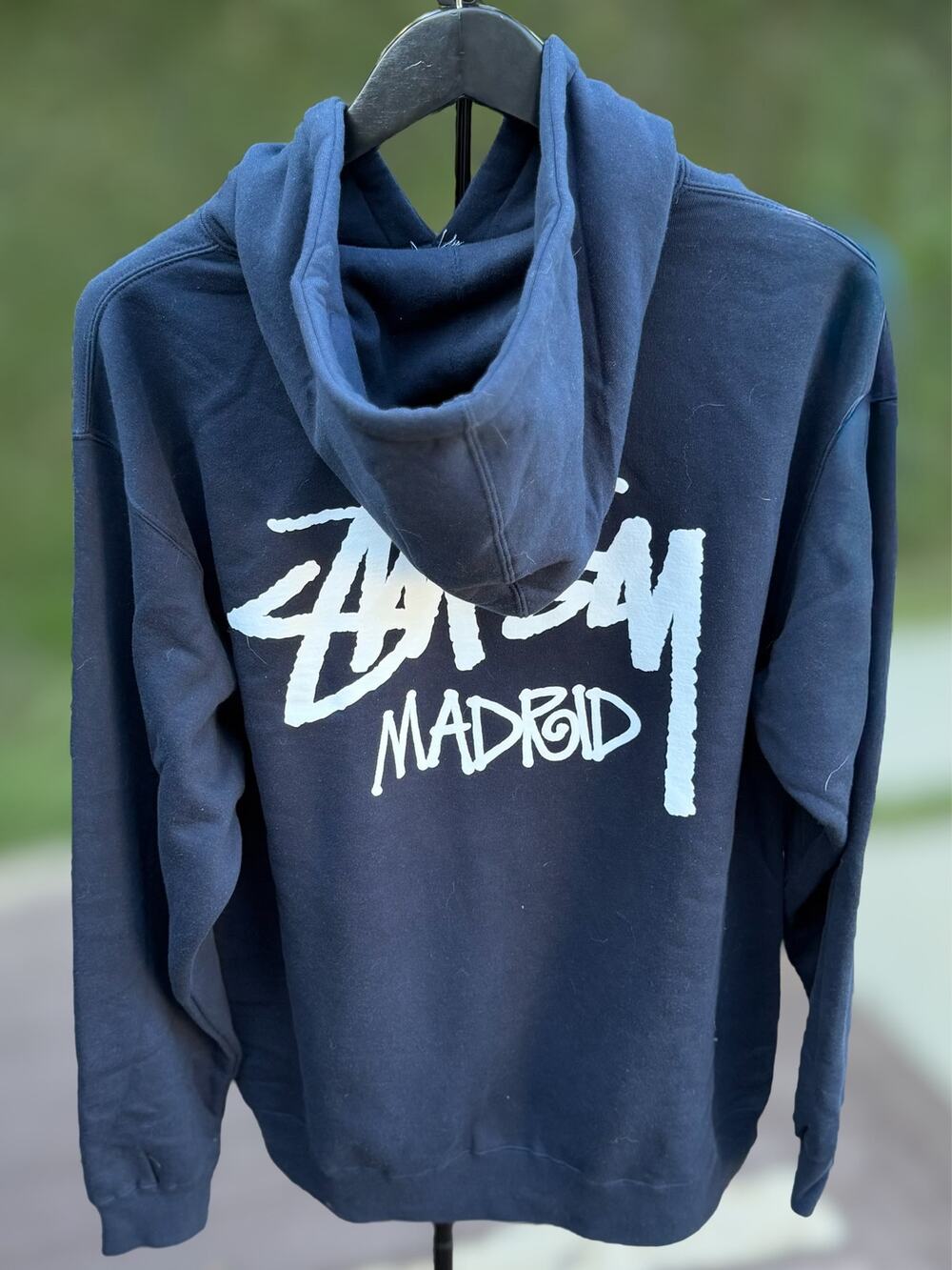 Stussy Madrid Spain Chapter Hoodie Small Navy Pullover Rare NWOT Cut Tag.
